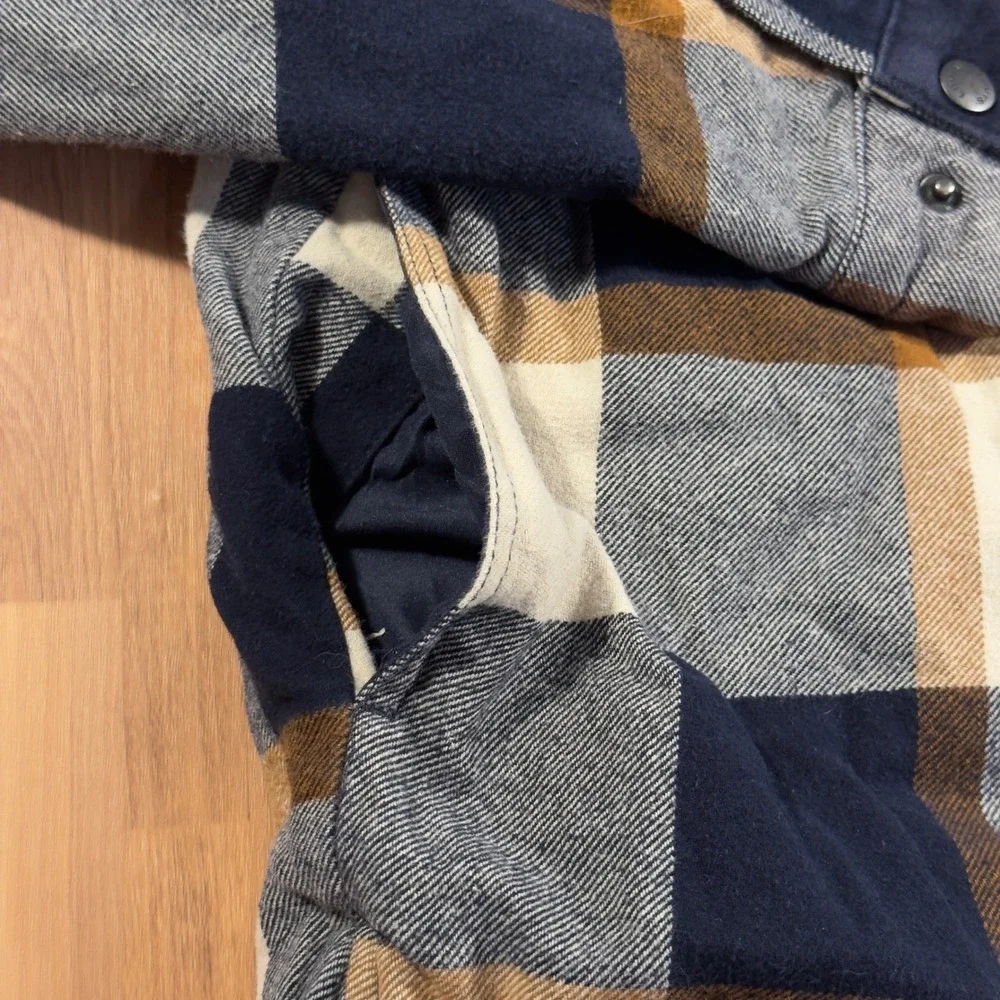 Levis Mens Plaid Hooded Flannel Jacket Sherpa Lined Navy Brown Small RN54163